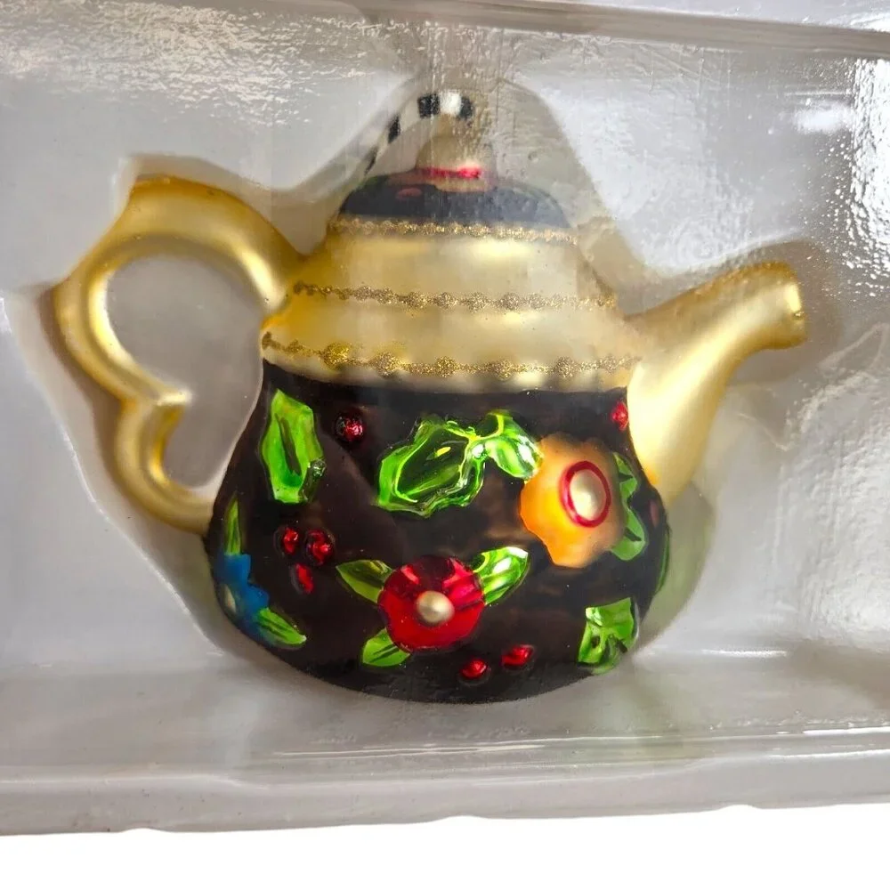 Mary Engelbreit Flower Teapot Glass Ornament Christmas Box NIB